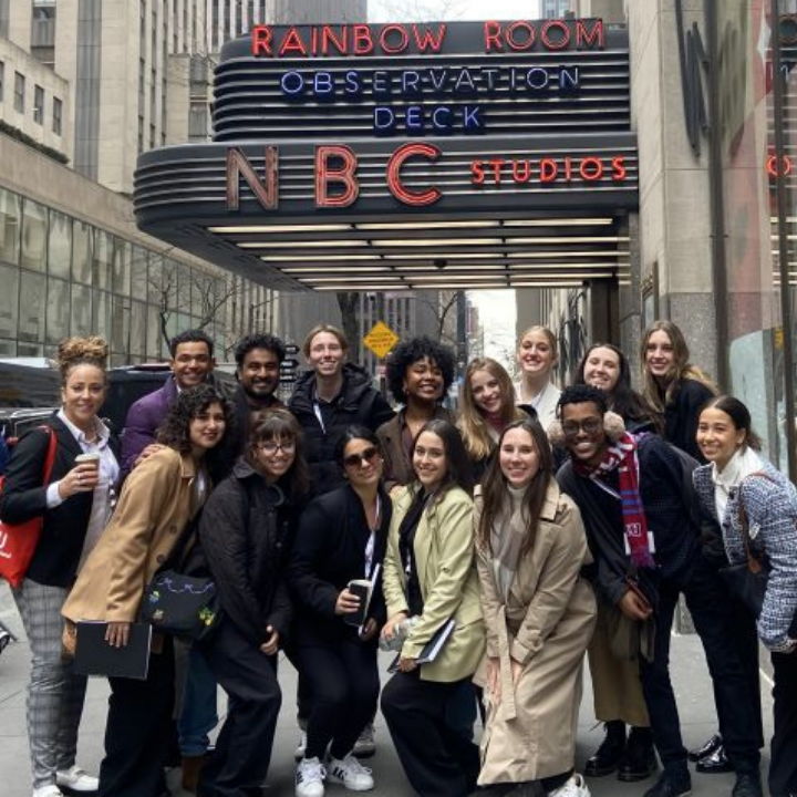 LMU Students pose in front of NBC building during a CPD sponsored Career Trek to New York City